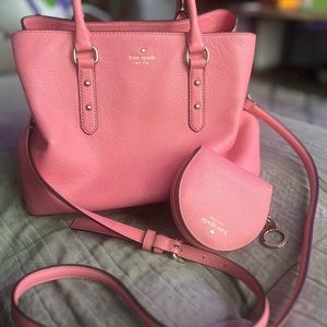 Kate Spade Coral Pink handbag with crossbody strap and coin purse